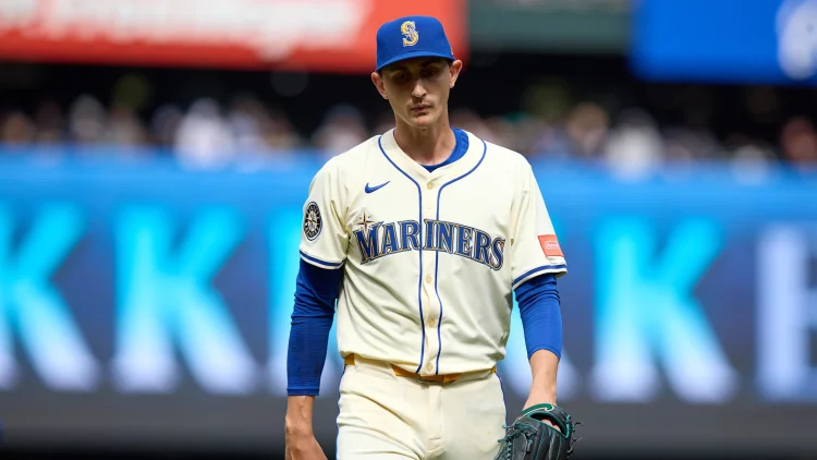 George Kirby walking off the mound looking dejected